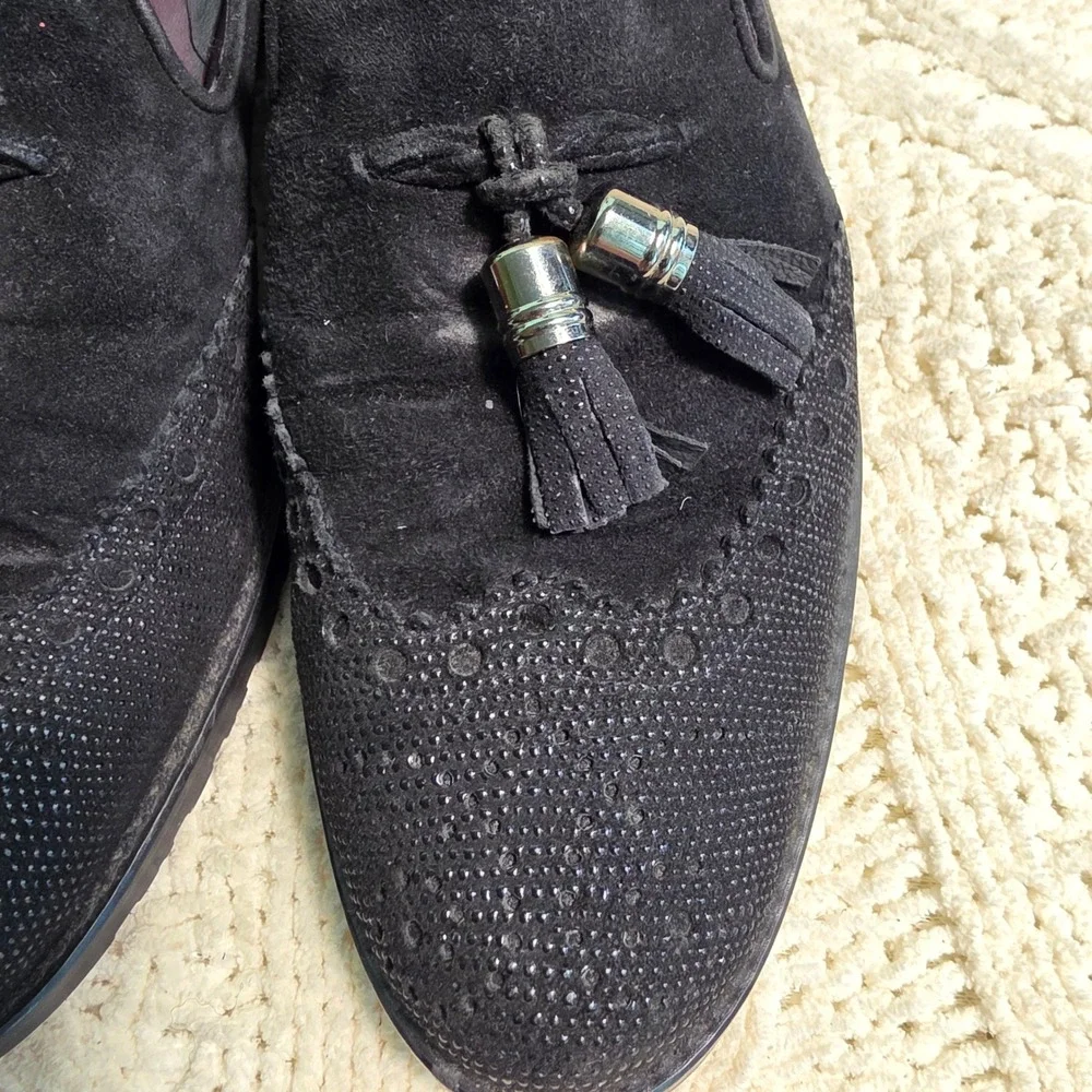 VTG Stuart Weitzman Tassel Loafers Black Suede Brogue‎ Womens 7.5 M Excellent